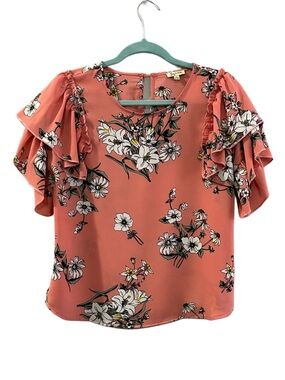 Lily White Coral Floral Blouse Size Small Ruffle Flutter Sleeve Boho Top